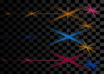Laser beams, horizontal light beams. Beautiful light flashes. Glowing stripes on a dark background in the form of a star. Glowing abstract glitter background with lined.