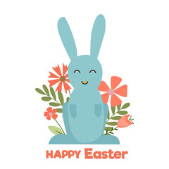 Easter bunny in blue color with flowers in the background and the inscription happy easter