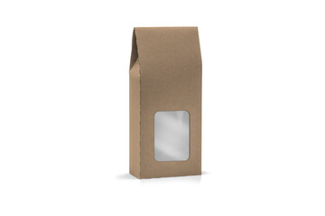 Blank Craft Brown Paper Bag Packaging mockup For coffee beans, dry fruits and other food items. 3d rendering.Blank Brown Paper Bag With  Transparent Window.