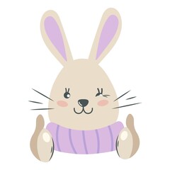 Cute, flat rabbit winks. Boho rabbit muzzle. Funny character raises a fingers up. Icon, sticker for kids app, game, book, print, postcard, t-shirt design, invitation. Vector isolated illustration.