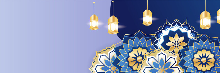 Islamic ramadan banner background with crescent pattern moon star mosque lantern. Vector illustration. Design for Eid Fitr, Eid Adha, Ashura, Islamic New Year, Muharram, Mawlid, Hajj, and Isra Miraj