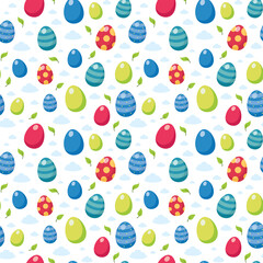 Happy easter, egg hunt seamless pattern. Hand drawn pattern with painted eggs, spring elements. Vector illustration on white background. Seasonal greeting