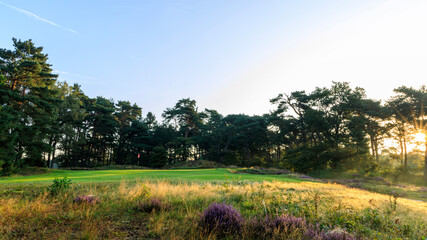 Golf course met ondergaande zon herfst schemering golfcourse