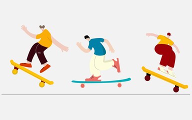 Three young characters ride skateboards. Vector illustration