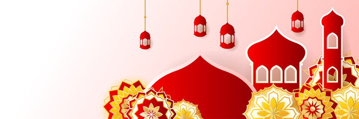 Islamic ramadan banner background with crescent pattern moon star mosque lantern. Vector illustration. Design for Eid Fitr, Eid Adha, Ashura, Islamic New Year, Muharram, Mawlid, Hajj, and Isra Miraj