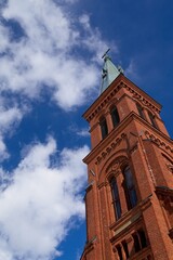 View of tower at Sipoo Church. The church is neo-Gothic in architecture and was consecrated in 1885. It's located at Sipoo municipality of Finland.
