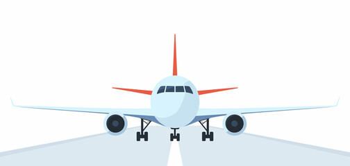 Passenger airplane on runway, front view. Flat vector illustration of aeroplane with portholes, wings and engines.