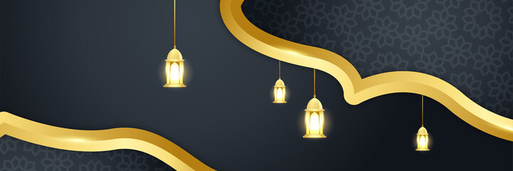 Islamic ramadan banner background with crescent pattern moon star mosque lantern. Vector illustration. Design for Eid Fitr, Eid Adha, Ashura, Islamic New Year, Muharram, Mawlid, Hajj, and Isra Miraj