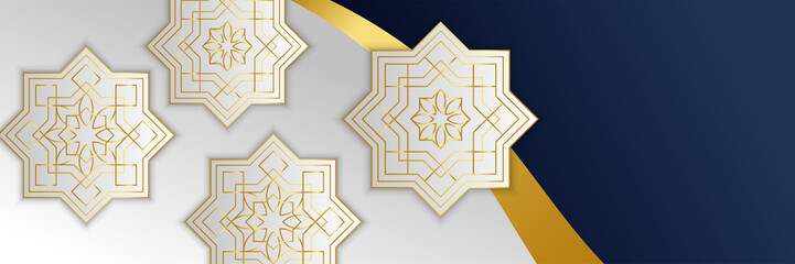 Islamic ramadan banner background with crescent pattern moon star mosque lantern. Vector illustration. Design for Eid Fitr, Eid Adha, Ashura, Islamic New Year, Muharram, Mawlid, Hajj, and Isra Miraj