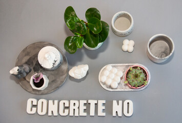 handmade concrete plaster products, caskets and planters with succulents, beautiful decors for home and comfort. View from above