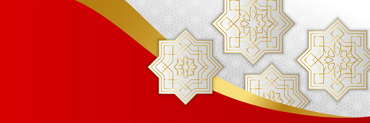 Obraz premium Islamic ramadan banner background with crescent pattern moon star mosque lantern. Vector illustration. Design for Eid Fitr, Eid Adha, Ashura, Islamic New Year, Muharram, Mawlid, Hajj, and Isra Miraj