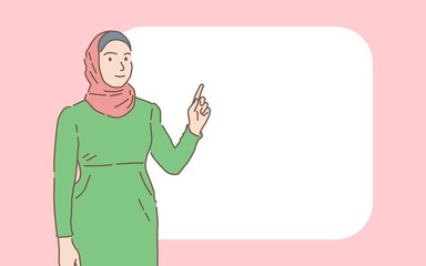 muslim woman pointing finger at copy space hand drawn style, vector illustrations