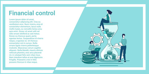 Financial control.People on the background of a large hourglass are engaged in financial investments.An illustration in the style of a green landing page.