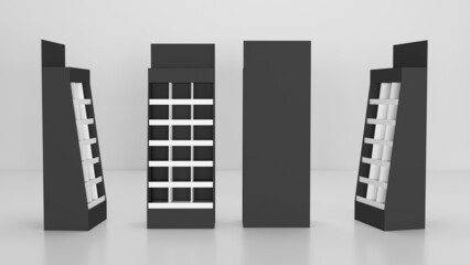 Advertising Corrugated Supermarket Cardboard Product Display Shelf. 3d Render Illustration. © Asad