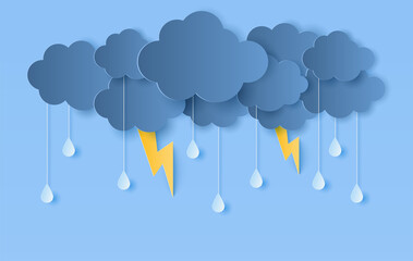 Paper cut of clouds and drops rain  with lightning on purple dark background. Vector illustration