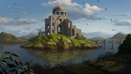 urban, tower, landscape, grey sky, concept, concept art, journey, end of the century, ruins city, ruins, desert landscape, matte painting, cityscape