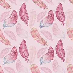 Watercolor seamless pattern from hand painted illustration of pink, blue, brown wild bird's feathers. Print on pink background in boho style for design postcards, fabric textile, wedding invitation
