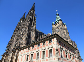 bell tower of the Church of St Vitus in the city of Prague the capital of the Czech Republic