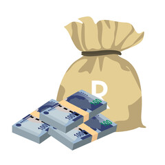 South Africa Rand Vector Illustration. African money set bundle banknotes. Money bag 100 Db. Flat style. Isolated on white background. Simple minimal design.