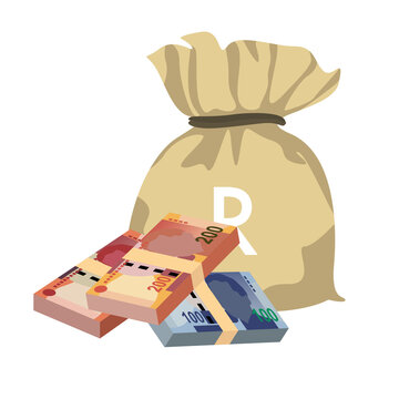 South Africa Rand Vector Illustration. African money set bundle banknotes. Money bag 50, 100, 200 Db. Flat style. Isolated on white background. Simple minimal design.