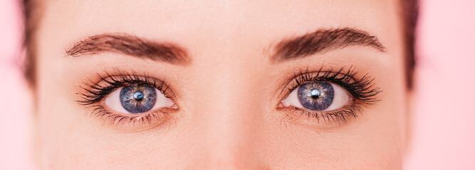 Fototapeta premium close-up of a pretty girl's face with beautiful big blue eyes, big eyelashes and eyebrows