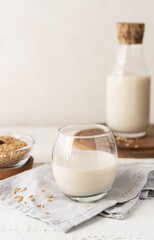 Oat milk in glass and bottle with whole grain oats