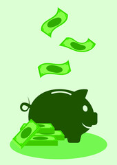 Vector drawing of a piggy bank and a lot of money. Savings for future expenses and emergencies.