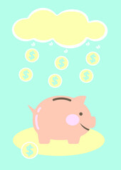 Vector illustration of a piggy bank and Lots of money falling from the clouds. Financial planning strategies bring huge benefits from business investments concept.