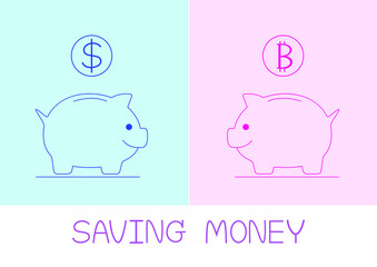 Vector illustration, piggy bank and dollar money, BTC USD. Savings for a profitable business investment concept.