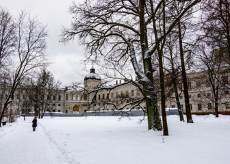 Winter landscape on the background of the Pavlovsk Palace in Gatchina, Leningrad region, Russia