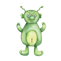 Watercolor illustration of hand painted alien humanoid, green man in cartoon fantasy style. Martian person from another planet. Ufology science. Isolated clip art for children fabric textile prints