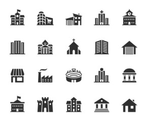 Vector set of building flat icons. Contains icons mall, house, bank, church, factory, stadium, mansion, castle and more. Pixel perfect.