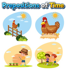 Fototapeta premium Prepostion wordcard design with different time of day