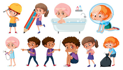 Set of children doing different activities on white background
