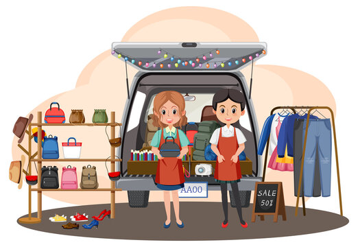 car boot sale scene with two women clip art preview