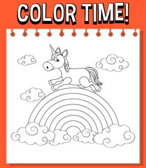 Worksheets template with color time! text and rainbow with Unicorn outline