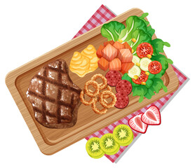 Top view of meat steak on wooden tray