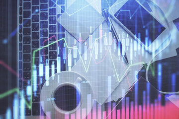 Double exposure of financial chart drawing over table background with computer. Concept of research and analysis. Top view.