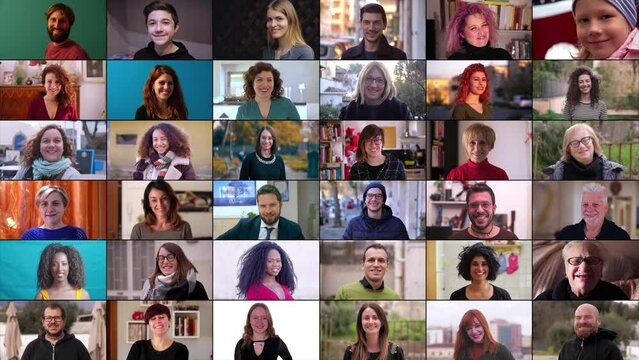 Collage or multi screen of multi-ethnic diverse people looking at the camera. Beautiful people of different age, background, ethnicity smiling together