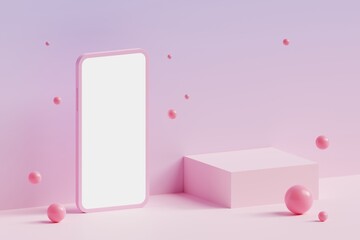 Smartphone with a cub podium on the pastel background of pink balls. Cosmetics delivery mockup 3d illustration