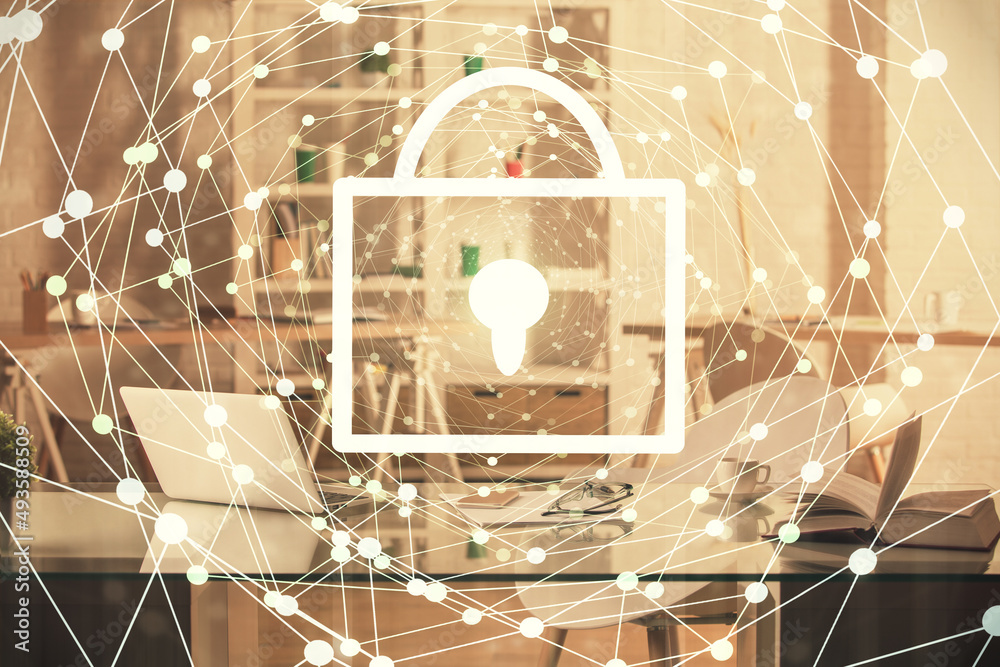 Poster multi exposure of lock drawing and office interior background. concept of data security.