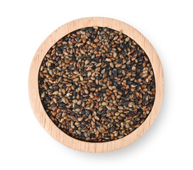 Roasted sesame seeds in wooden bowl on white background. top view