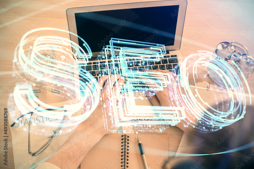 Aufkleber Multi exposure of man's hands typing over computer keyboard and SEO hologram drawing. Top view. Search optimization concept.