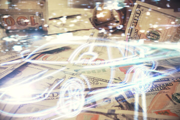 Double exposure of tech theme drawing over usa dollars bill background. Concept of autopilot ai.