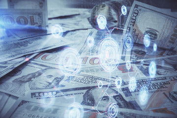 Double exposure of data theme drawing over us dollars bill background. Technology concept.