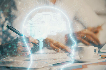 Double exposure of brain drawing over people taking notes background. Concept of Ai
