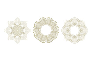 Three circular guilloche pattern protection vector illustration Premium Vector
