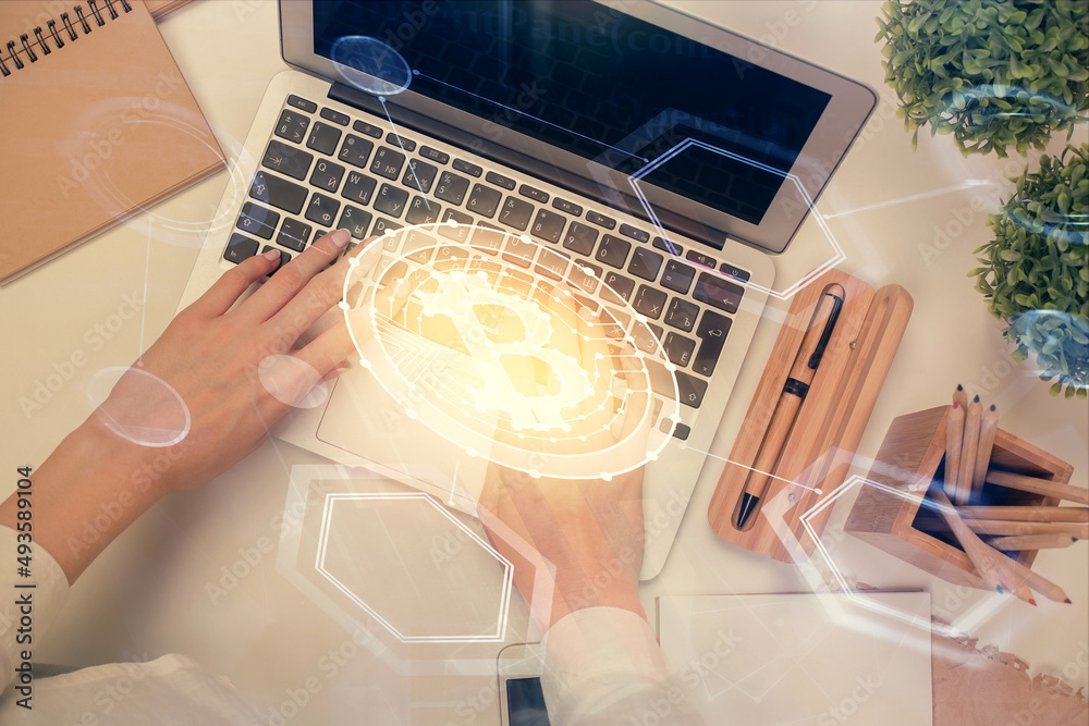 Aufkleber double exposure of woman hands working on computer and blockchain theme hologram drawing. top view. 
