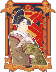 Obraz premium 扇屋内花扇図 レトロバージョン 