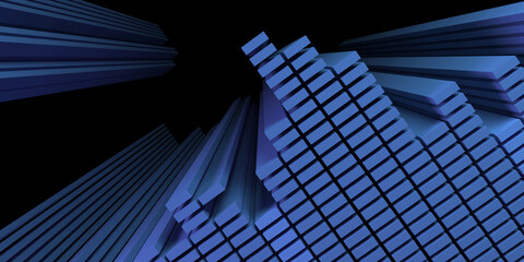 Horizontal volumetric composition of blue parallelepipeds on a black background. Place for an inscription. technology background